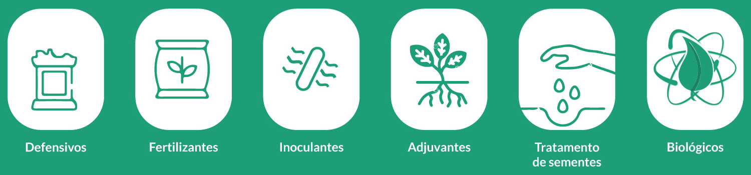 Defensivos; fertilizantes; inoculantes; tratamento de sementes; adjuvantes; biológicos